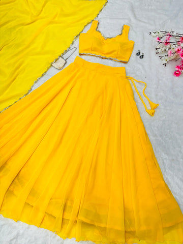 Haldi Special Yellow Color Pure Georgette With 8 Meter Flair Beautiful Lehenga Choli