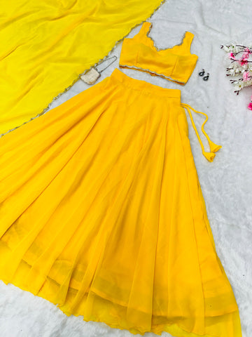 Haldi Special Yellow Color Pure Georgette With 8 Meter Flair Beautiful Lehenga Choli