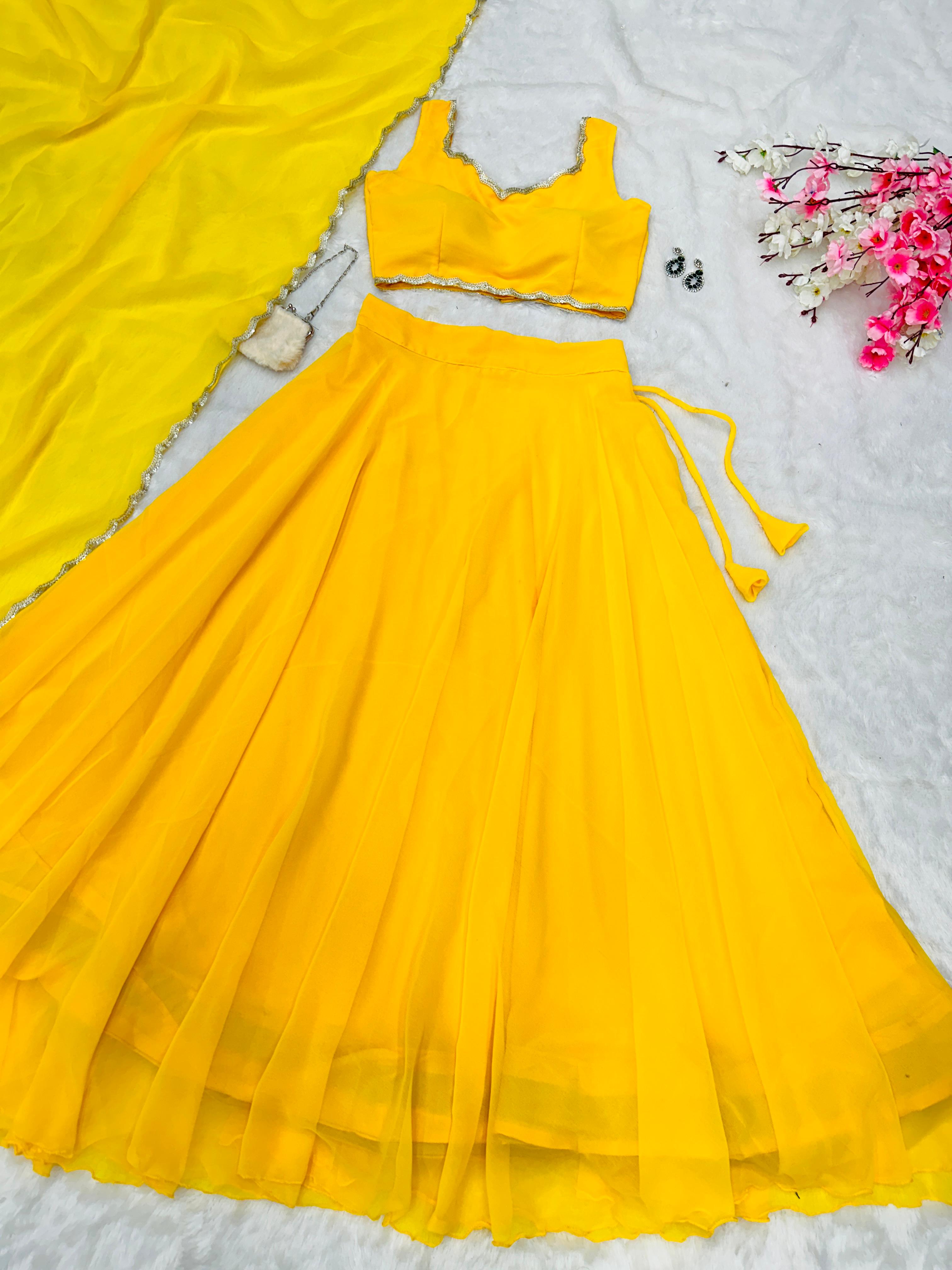 Haldi Special Yellow Color Pure Georgette With 8 Meter Flair Beautiful Lehenga Choli