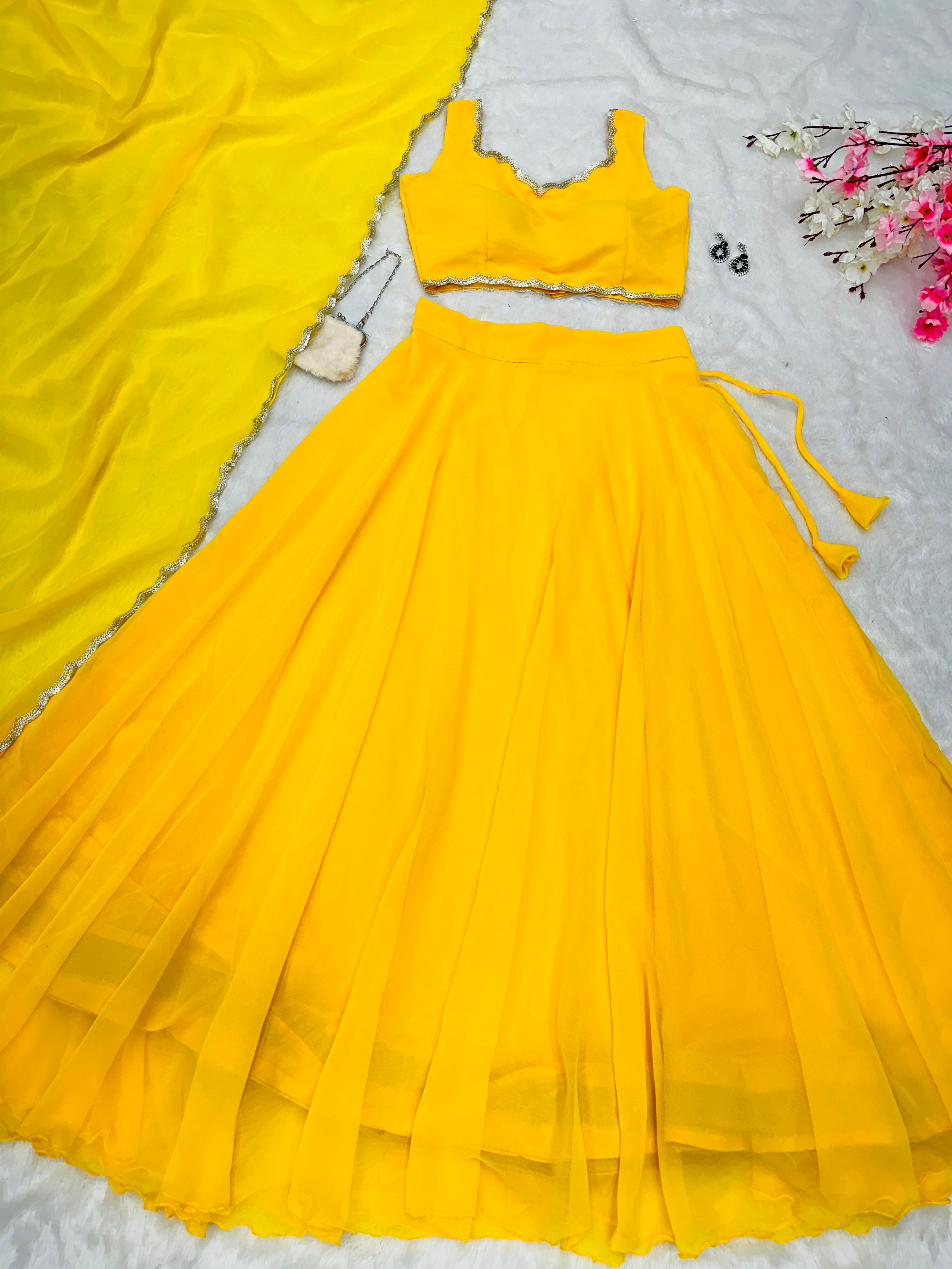 Haldi Special Yellow Color Pure Georgette With 8 Meter Flair Beautiful Lehenga Choli