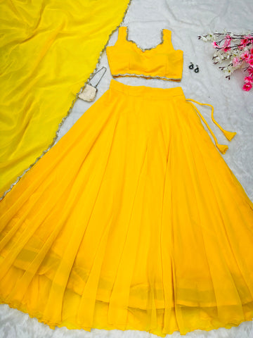 Haldi Special Yellow Color Pure Georgette With 8 Meter Flair Beautiful Lehenga Choli