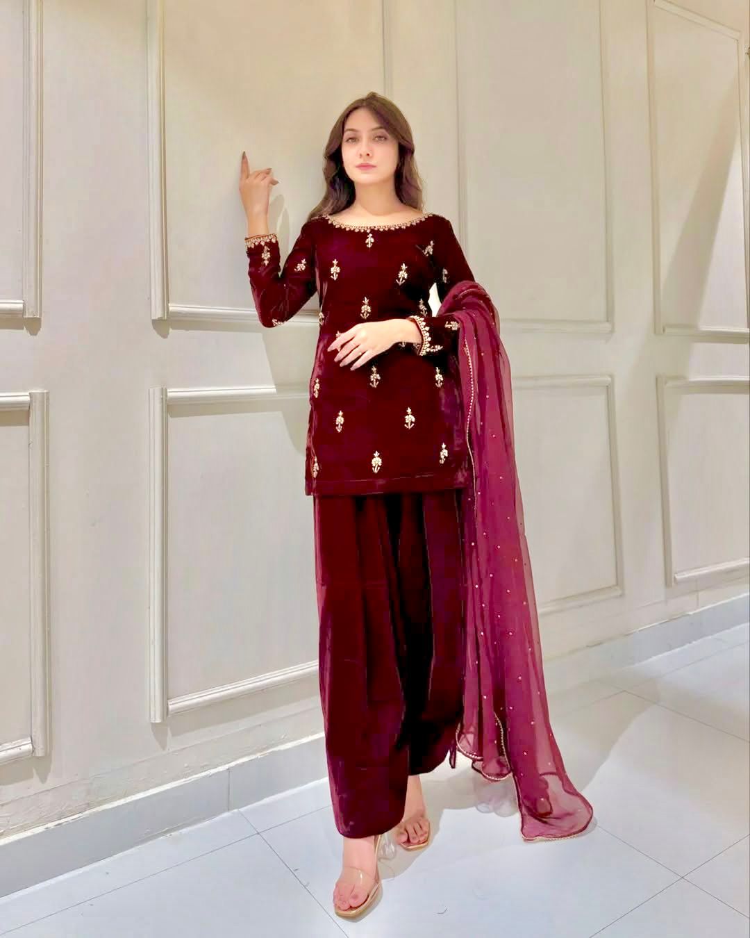 Latest Designer Maroon Color Heavy Viscose And Embroidery With Hand Work Beautiful Velvet Suit