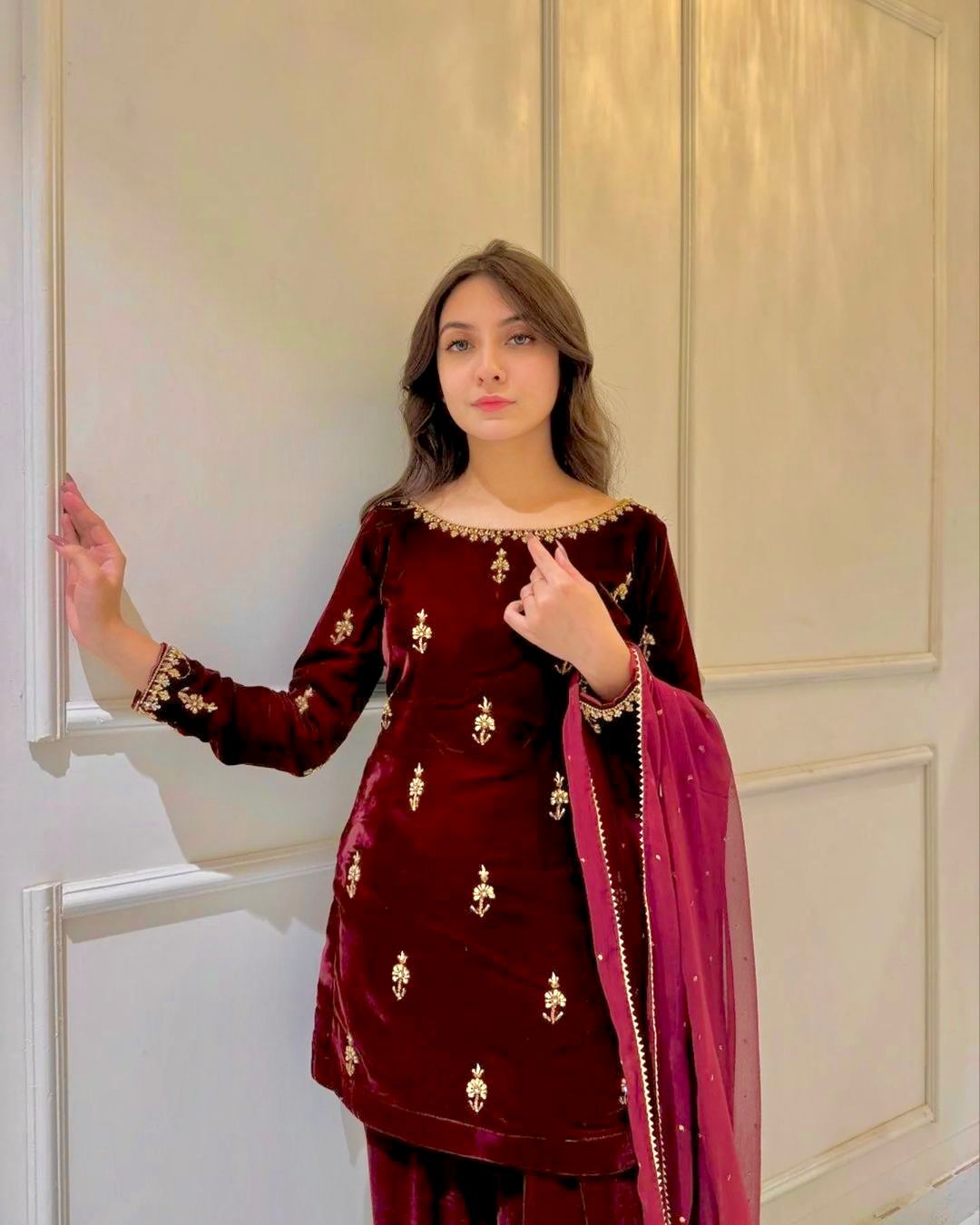 Latest Designer Maroon Color Heavy Viscose And Embroidery With Hand Work Beautiful Velvet Suit