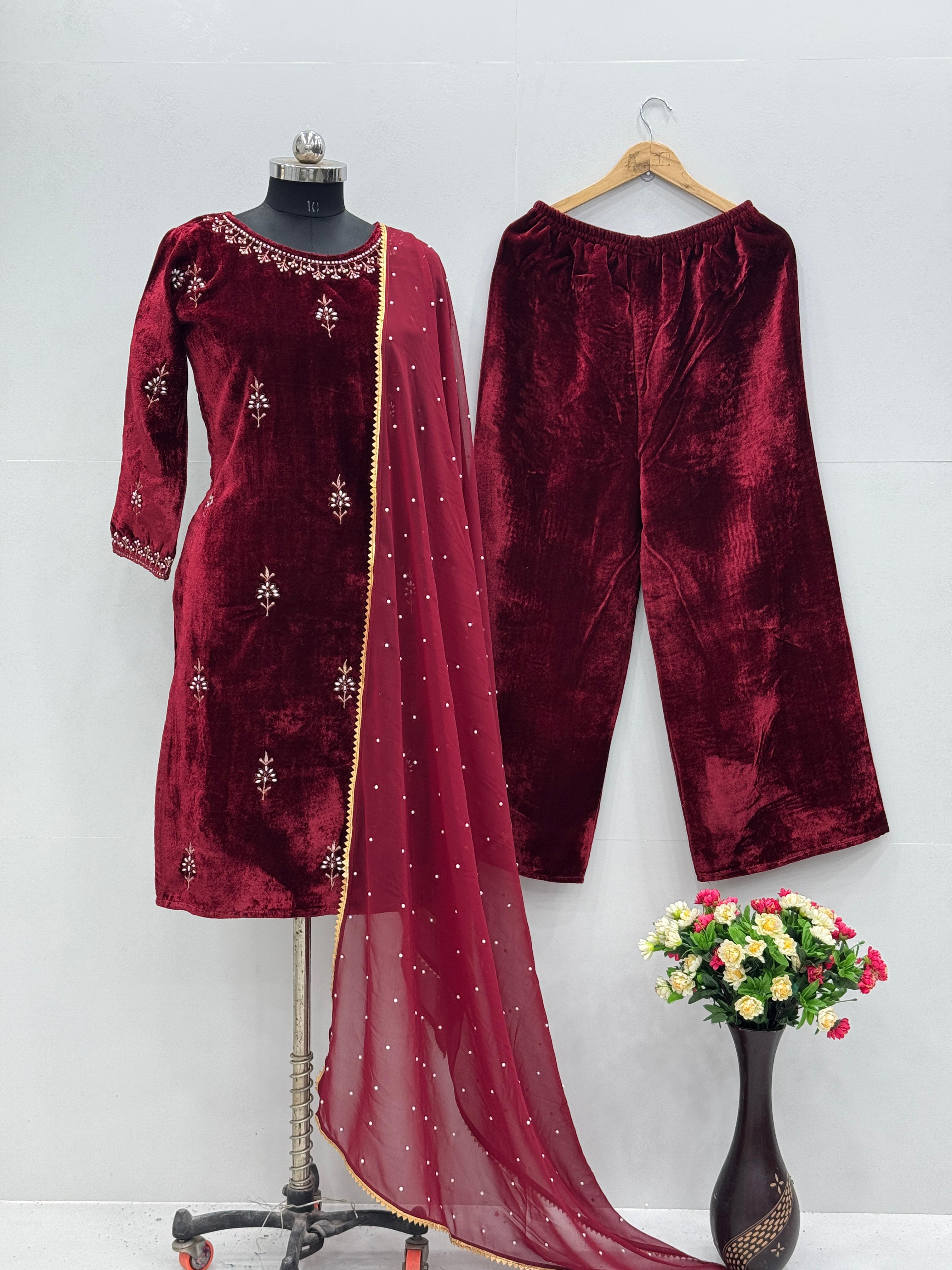 Latest Designer Maroon Color Heavy Viscose And Embroidery With Hand Work Beautiful Velvet Suit