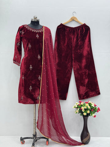 Latest Designer Maroon Color Heavy Viscose And Embroidery With Hand Work Beautiful Velvet Suit