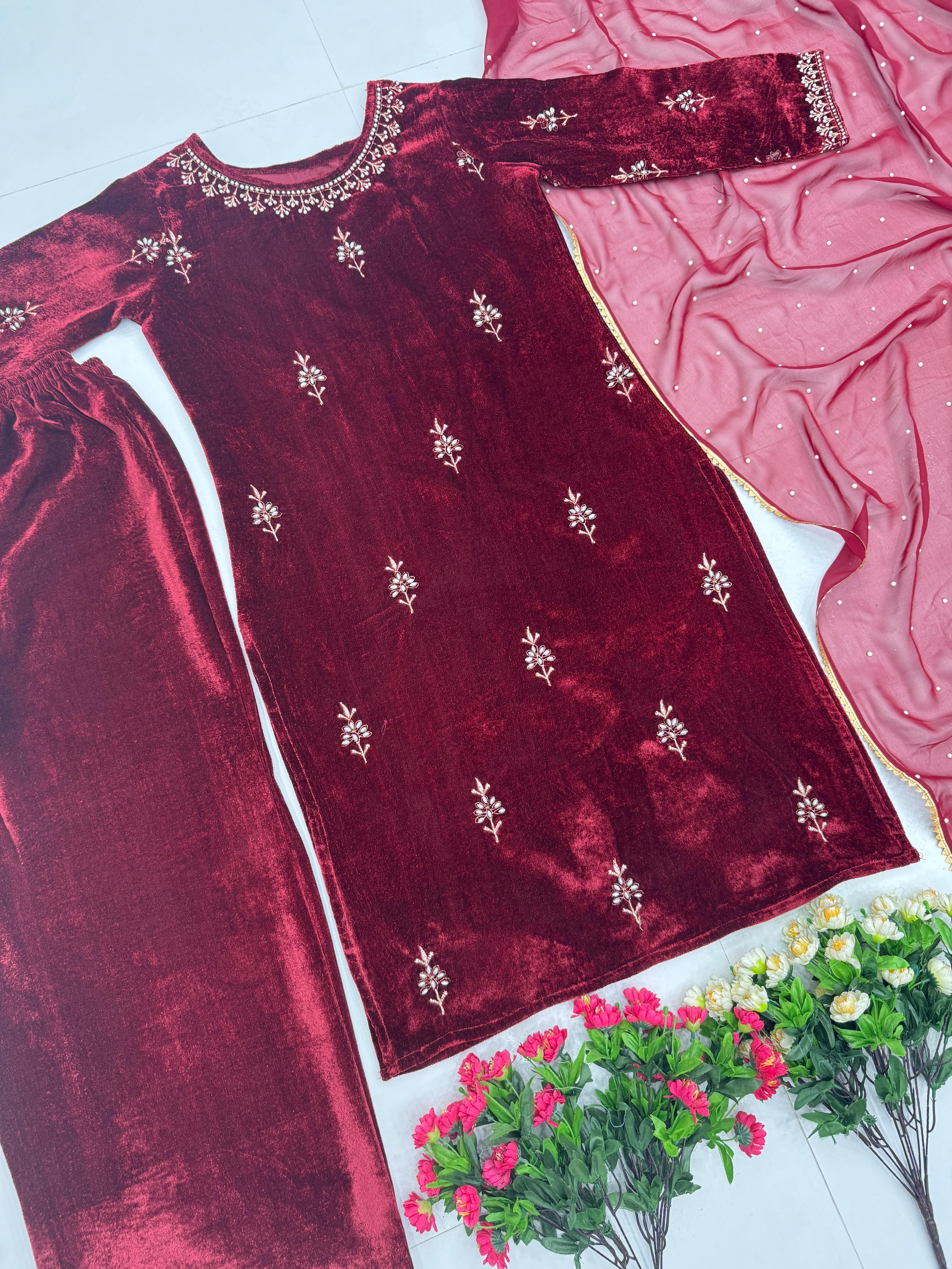 Latest Designer Maroon Color Heavy Viscose And Embroidery With Hand Work Beautiful Velvet Suit