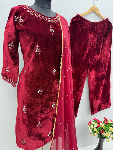 Latest Designer Maroon Color Heavy Viscose And Embroidery With Hand Work Beautiful Velvet Suit