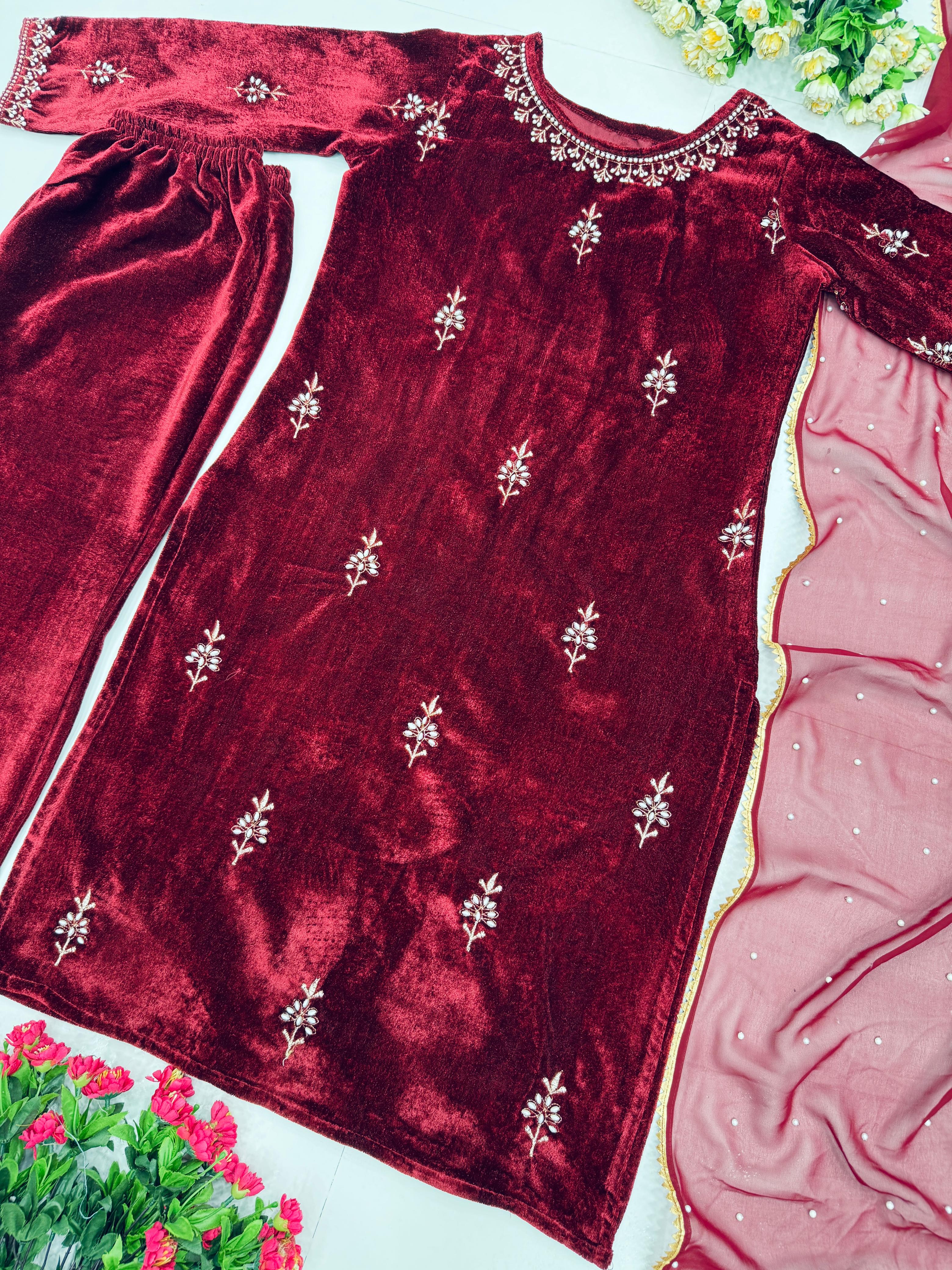 Latest Designer Maroon Color Heavy Viscose And Embroidery With Hand Work Beautiful Velvet Suit