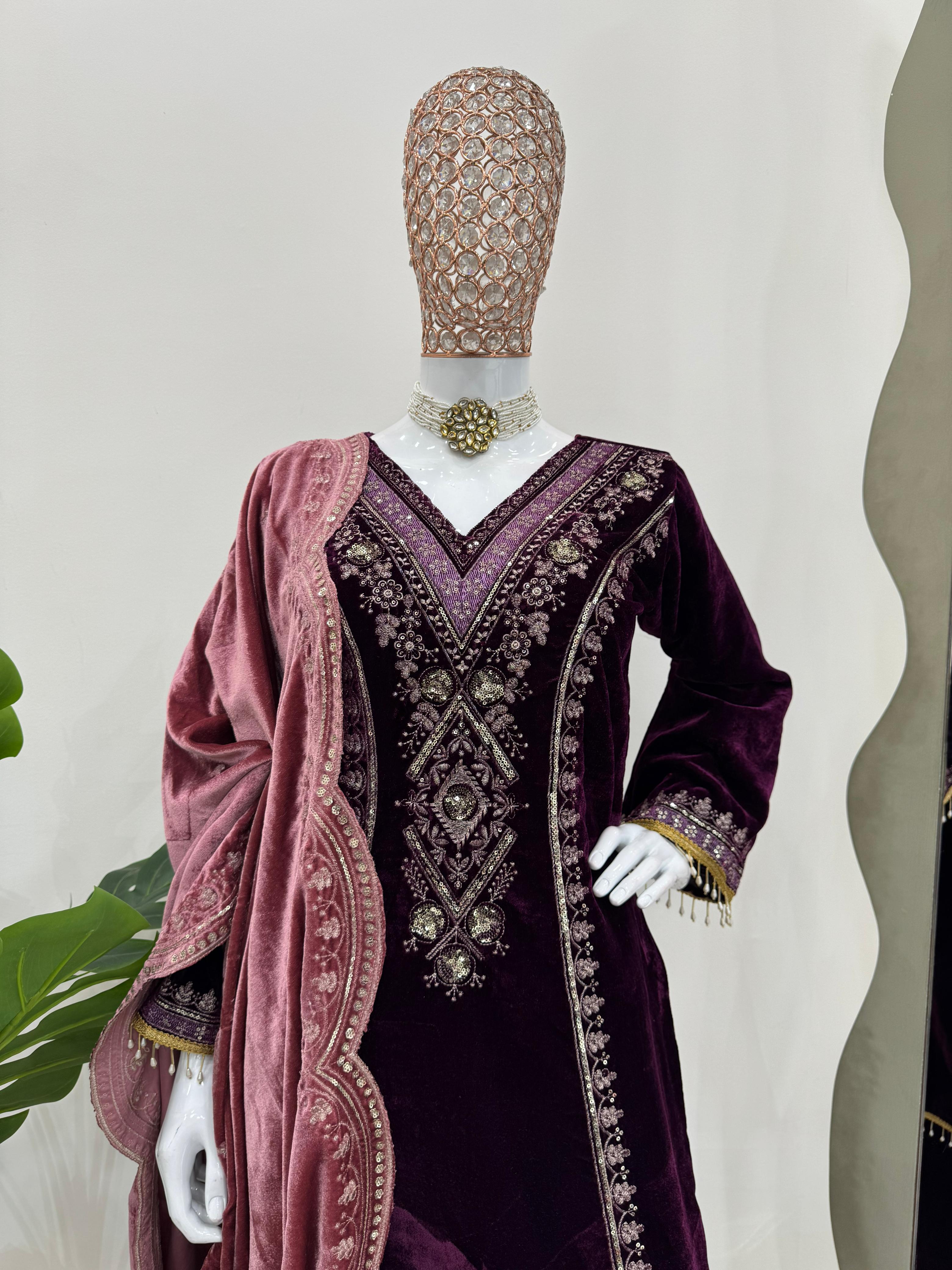 Fancy Wine Color Viscos Velvet And Thread With Sequence Work Palazzo Suit