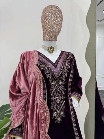 Fancy Wine Color Viscos Velvet And Thread With Sequence Work Palazzo Suit