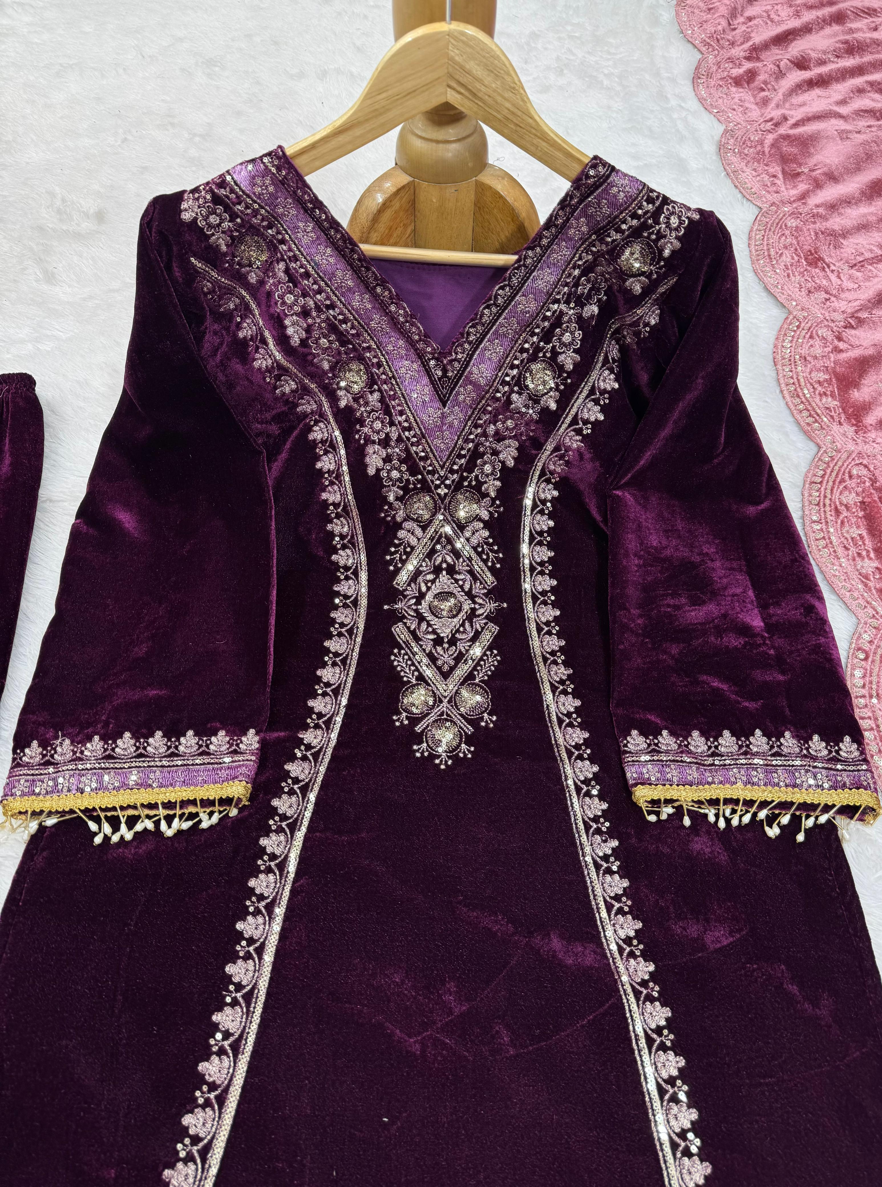 Fancy Wine Color Viscos Velvet And Thread With Sequence Work Palazzo Suit