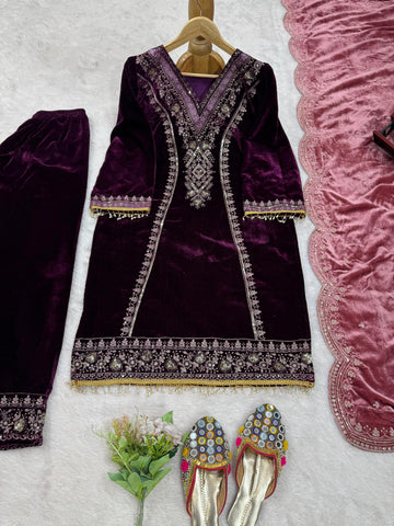 Fancy Wine Color Viscos Velvet And Thread With Sequence Work Palazzo Suit