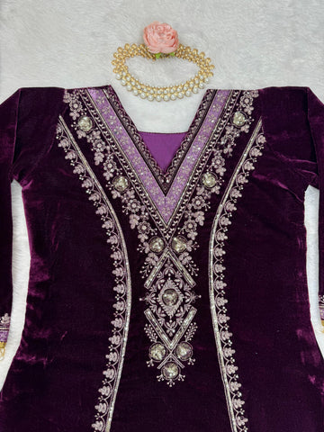 Fancy Wine Color Viscos Velvet And Thread With Sequence Work Palazzo Suit