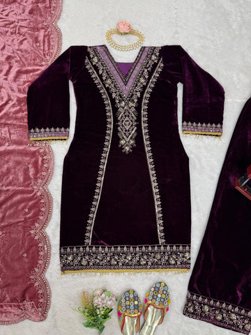 Fancy Wine Color Viscos Velvet And Thread With Sequence Work Palazzo Suit