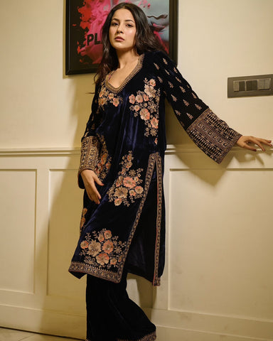 Glossy Navy Blue Color Heavy Viscose Velvet With Thread And Sequence Work Salwar Suit