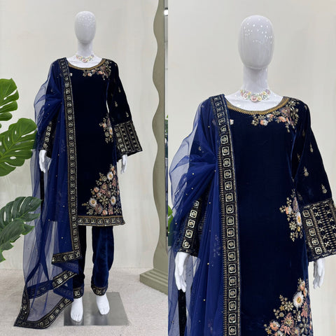 Glossy Navy Blue Color Heavy Viscose Velvet With Thread And Sequence Work Salwar Suit