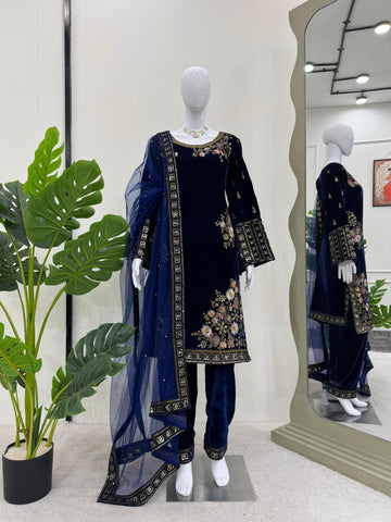 Glossy Navy Blue Color Heavy Viscose Velvet With Thread And Sequence Work Salwar Suit