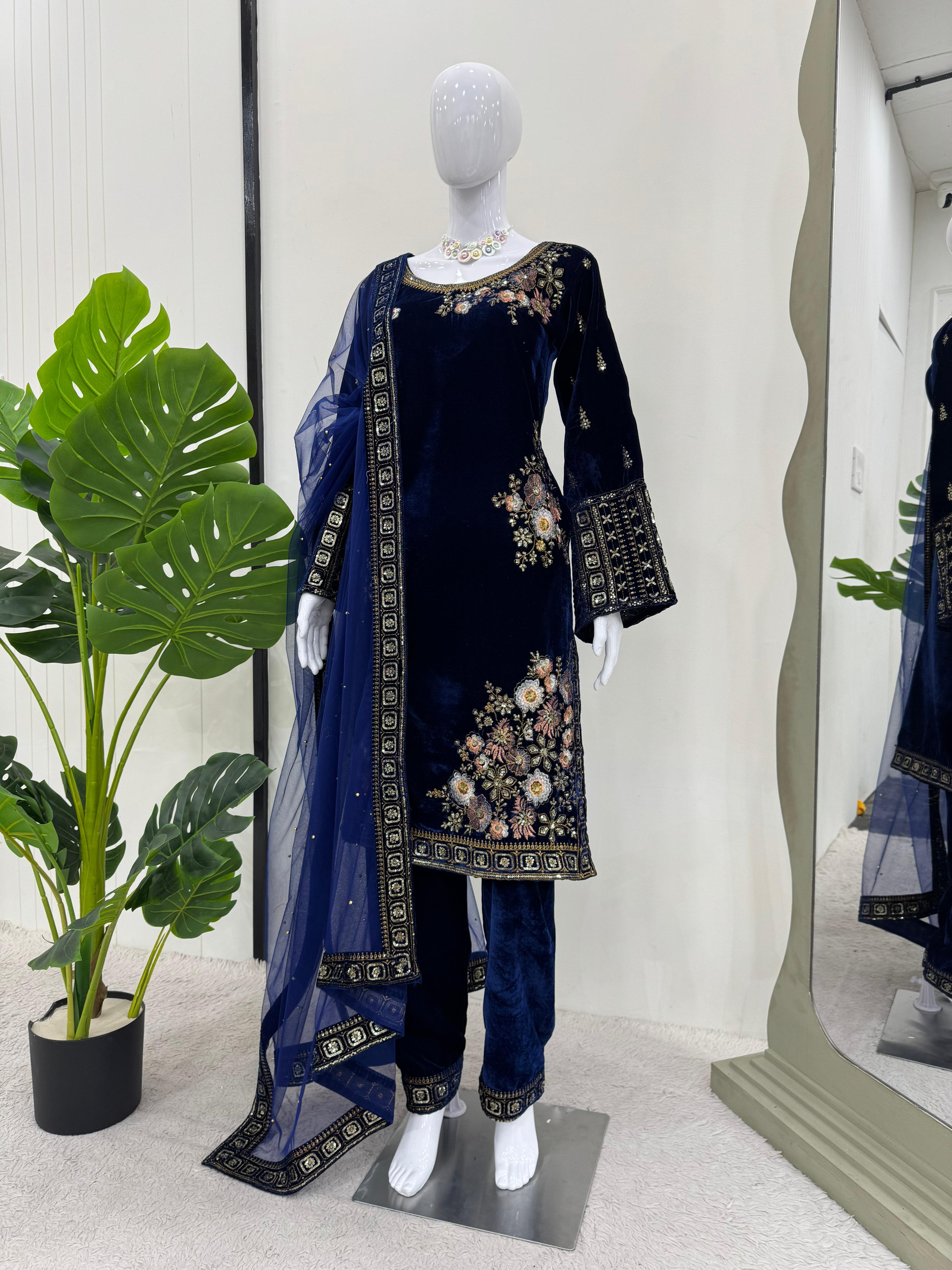 Glossy Navy Blue Color Heavy Viscose Velvet With Thread And Sequence Work Salwar Suit