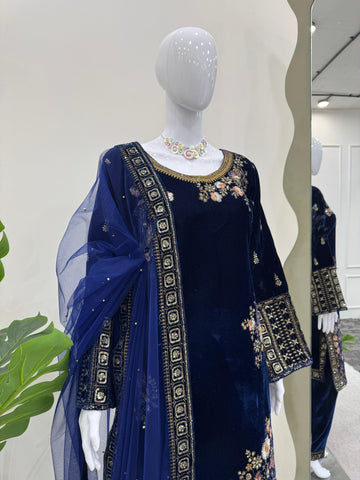 Glossy Navy Blue Color Heavy Viscose Velvet With Thread And Sequence Work Salwar Suit