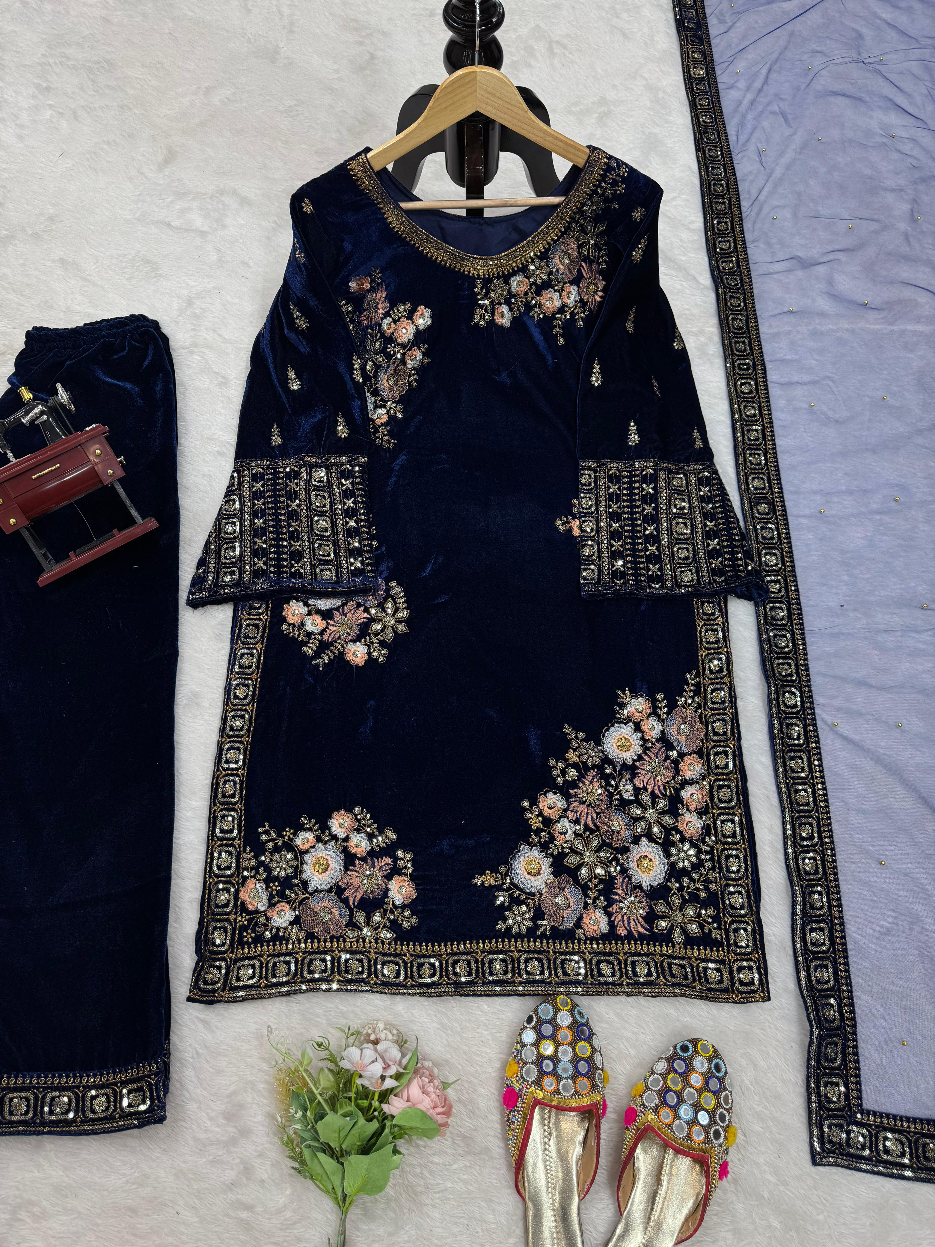 Glossy Navy Blue Color Heavy Viscose Velvet With Thread And Sequence Work Salwar Suit