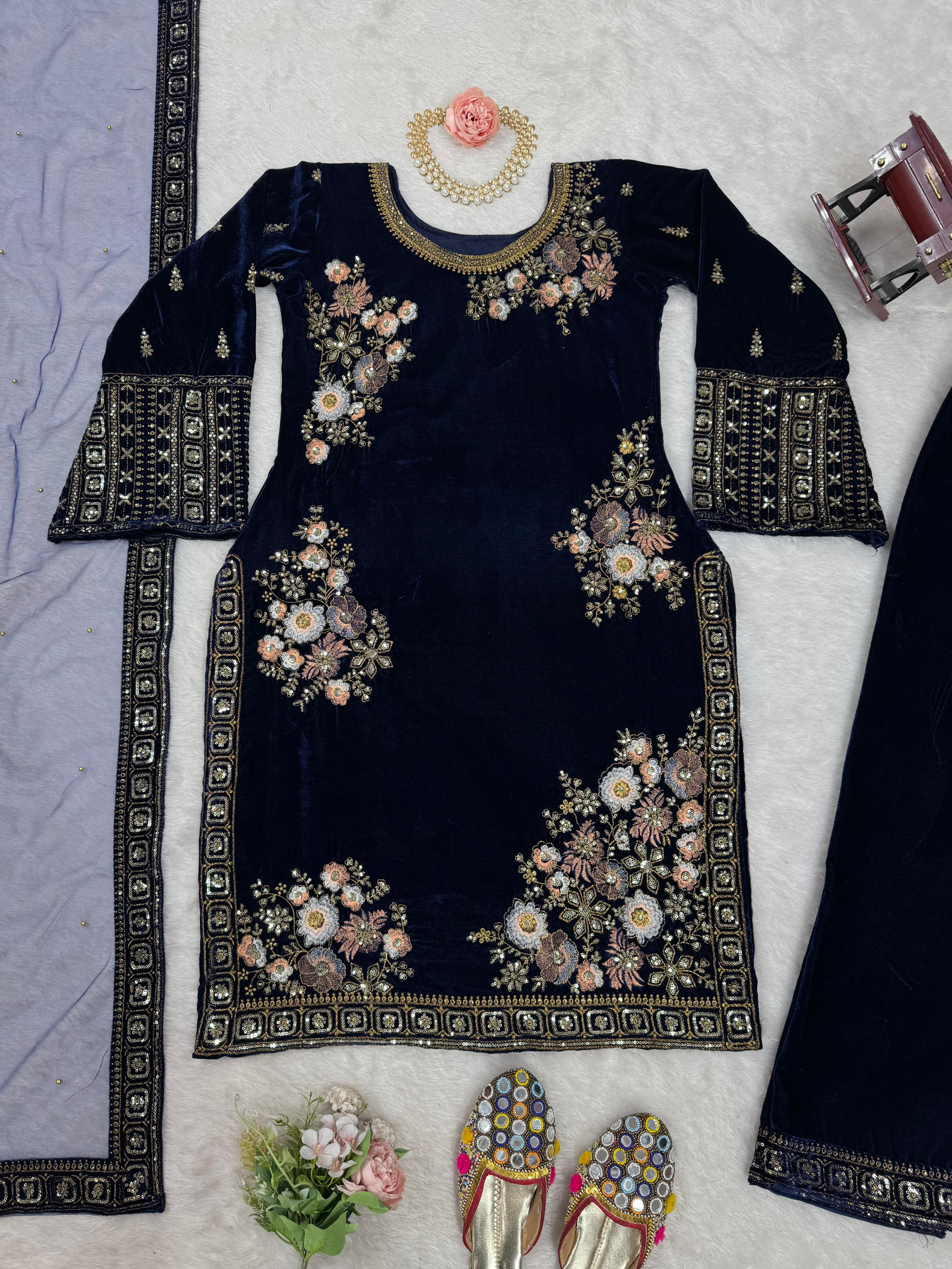 Glossy Navy Blue Color Heavy Viscose Velvet With Thread And Sequence Work Salwar Suit