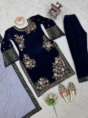 Glossy Navy Blue Color Heavy Viscose Velvet With Thread And Sequence Work Salwar Suit