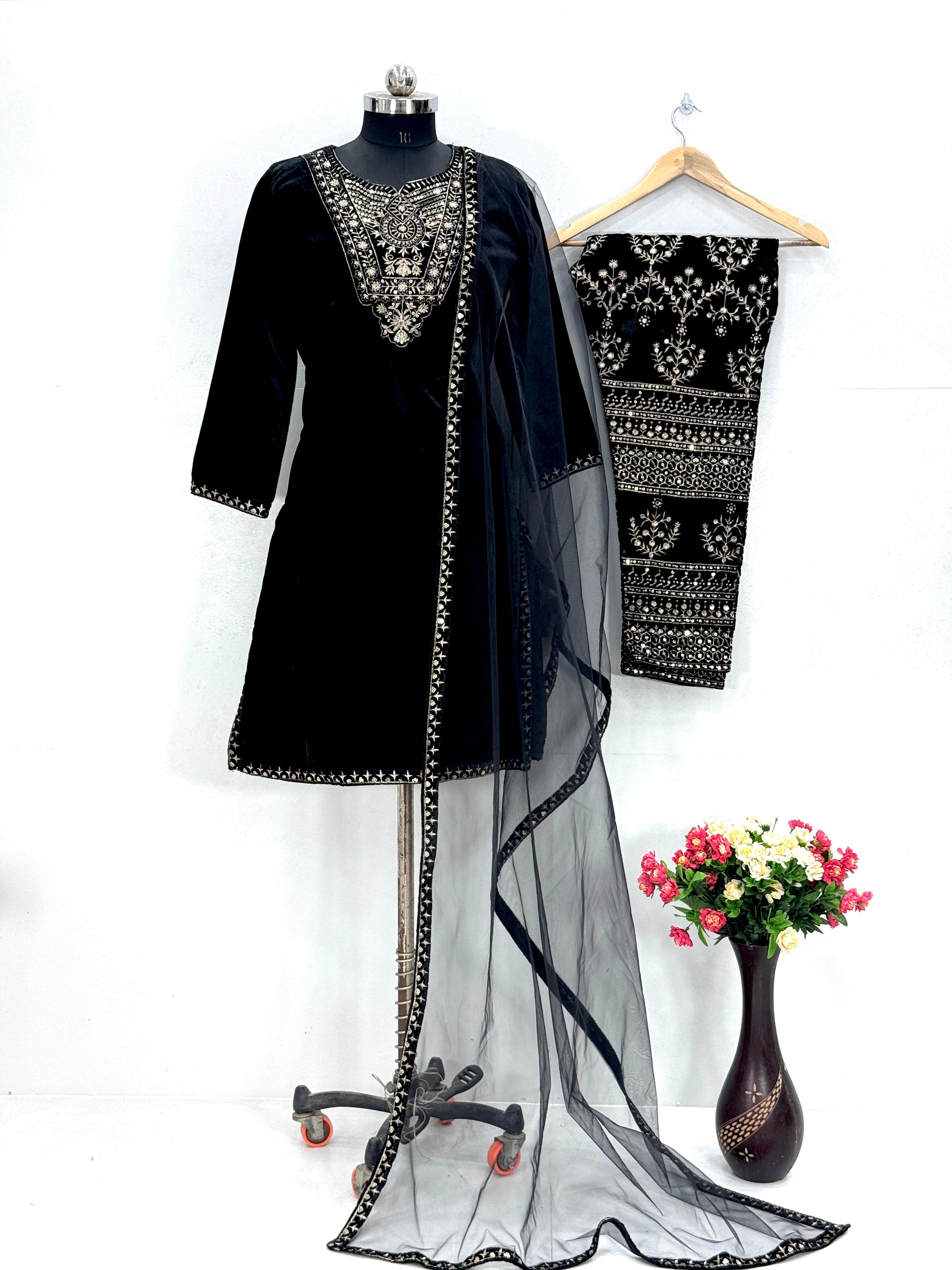 Demanding Black Color Heavy Viscose With Embroidery Sequence Work Beautiful Velvet Suit