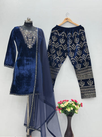 Demanding Navy Blue Color Heavy Viscose With Embroidery Sequence Work Beautiful Velvet Suit