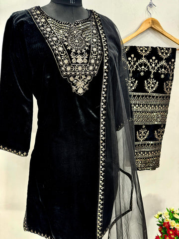 Demanding Black Color Heavy Viscose With Embroidery Sequence Work Beautiful Velvet Suit