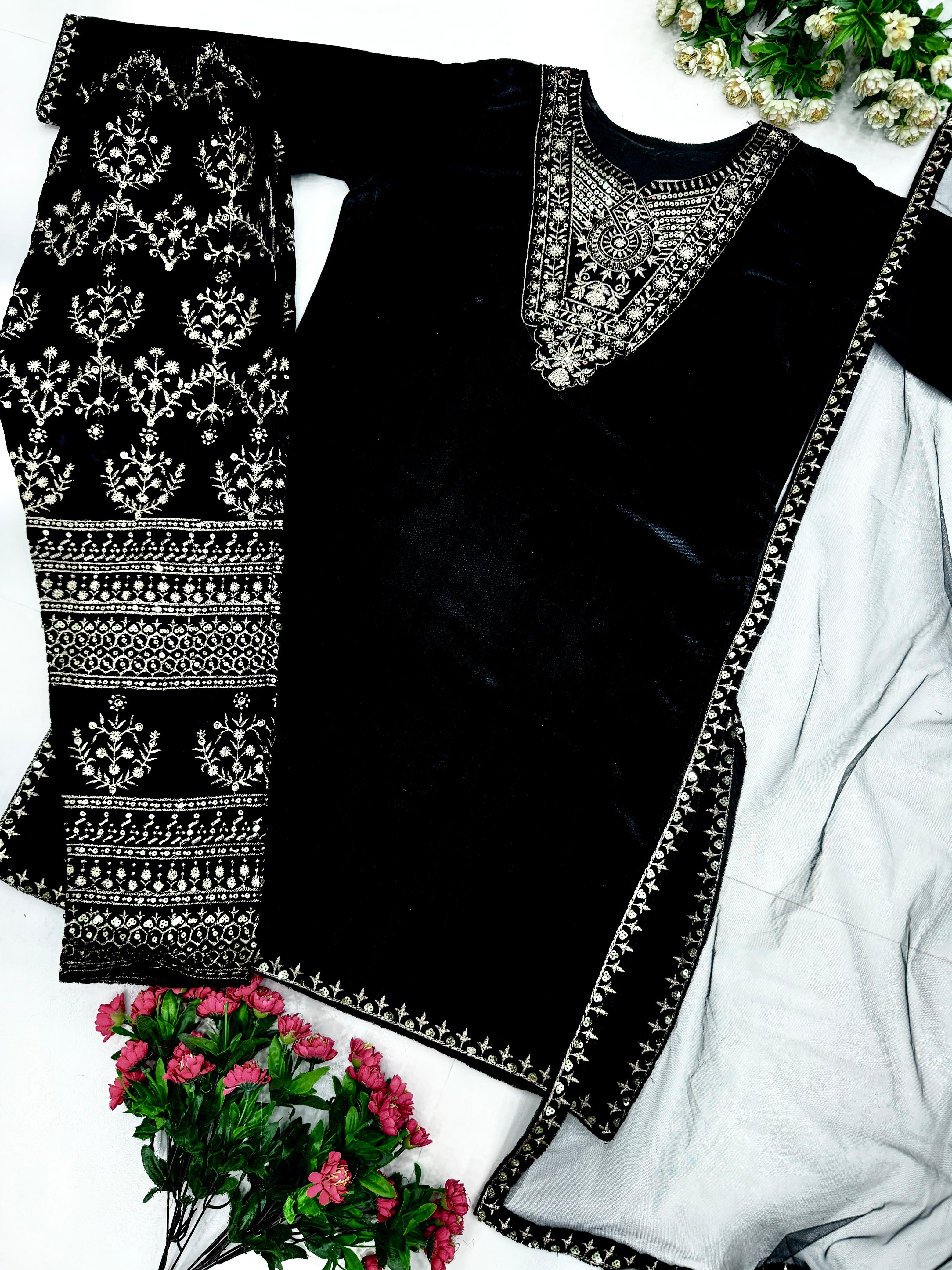 Demanding Black Color Heavy Viscose With Embroidery Sequence Work Beautiful Velvet Suit