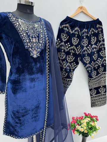 Demanding Navy Blue Color Heavy Viscose With Embroidery Sequence Work Beautiful Velvet Suit