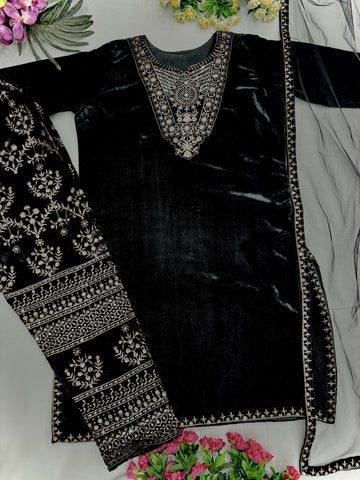 Demanding Black Color Heavy Viscose With Embroidery Sequence Work Beautiful Velvet Suit