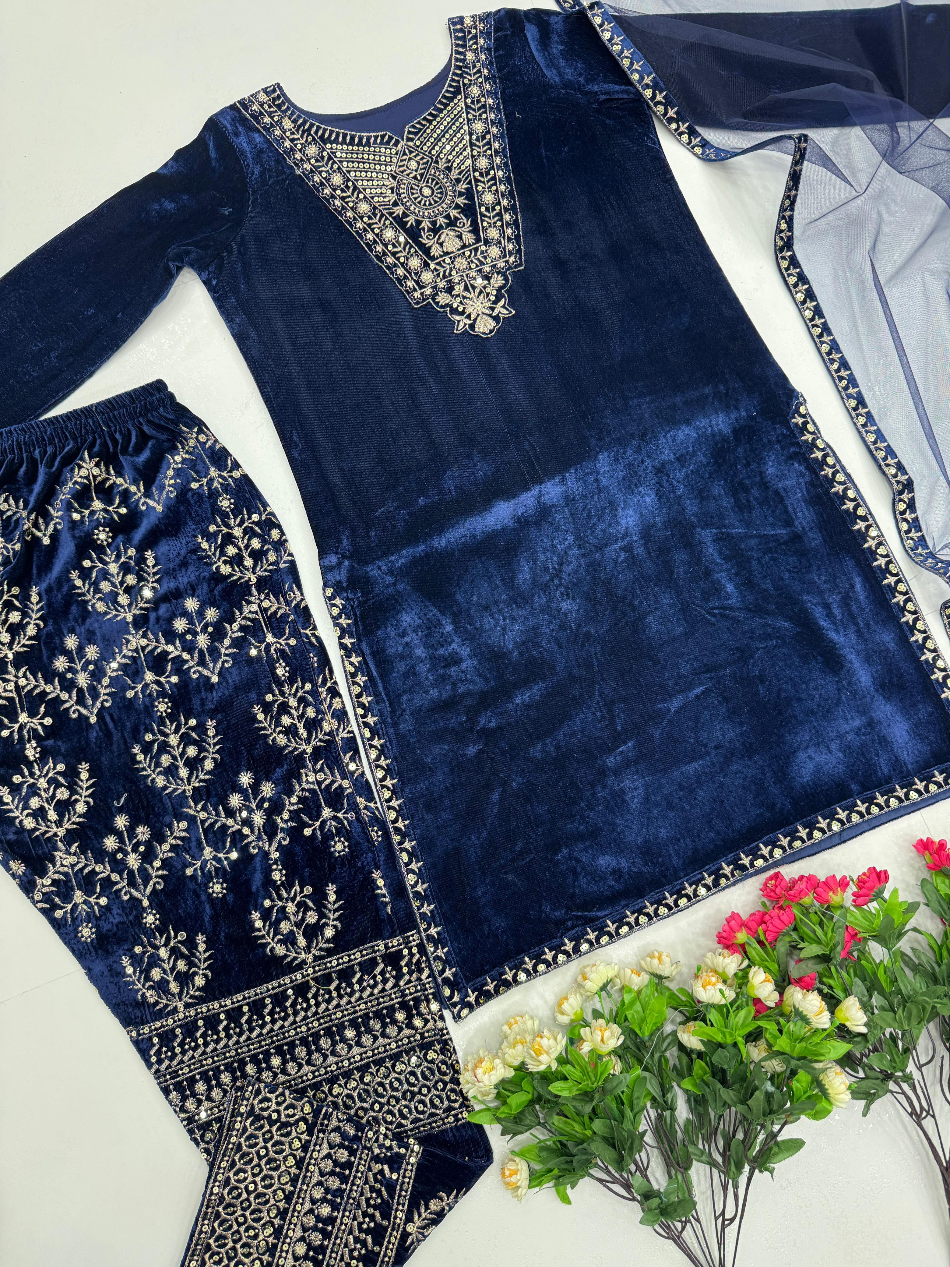 Demanding Navy Blue Color Heavy Viscose With Embroidery Sequence Work Beautiful Velvet Suit