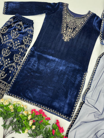 Demanding Navy Blue Color Heavy Viscose With Embroidery Sequence Work Beautiful Velvet Suit