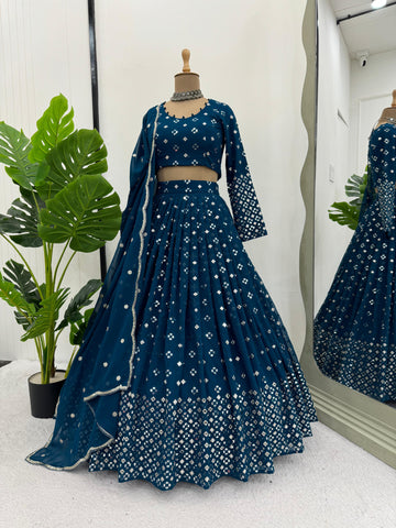 Party Wear Teal Color Faux Georgette And Thread With 9mm Sequence Work Beautiful Lehenga Choli