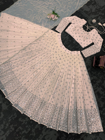 Party Wear Beige Color Faux Georgette And Thread With 9mm Sequence Work Beautiful Lehenga Choli