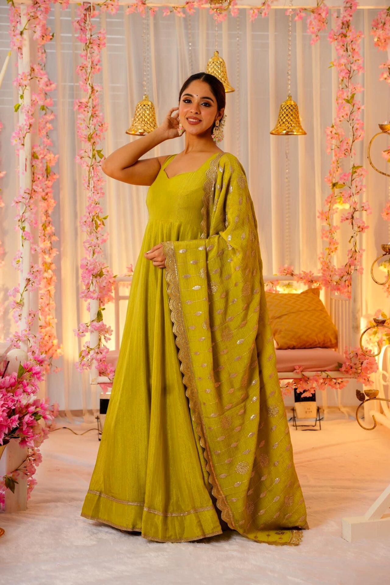 Ceremony Wear Lemon Yellow Color Roman Silk Fabric With Sequence Zari Lace Designer Gown