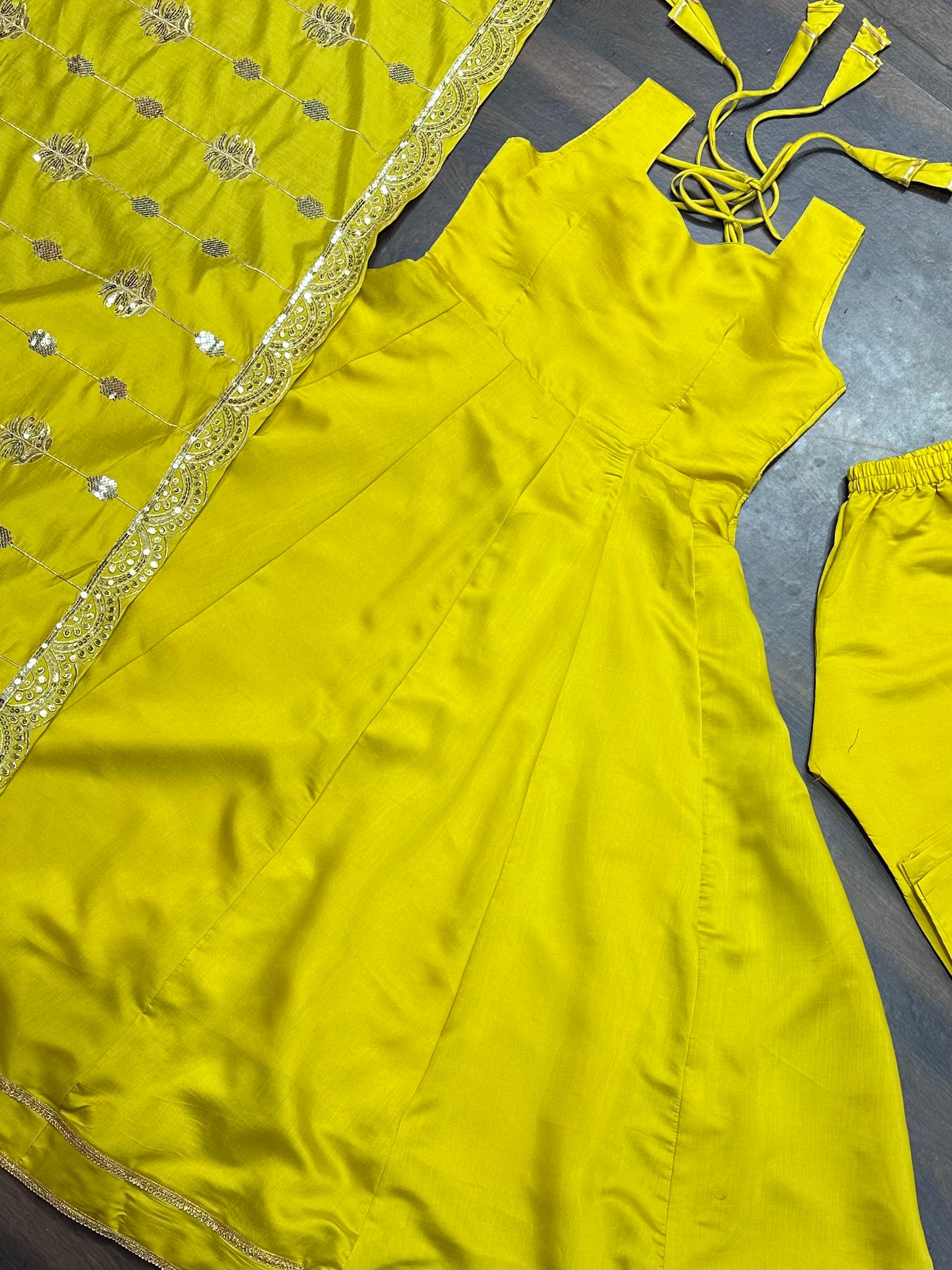 Ceremony Wear Lemon Yellow Color Roman Silk Fabric With Sequence Zari Lace Designer Gown