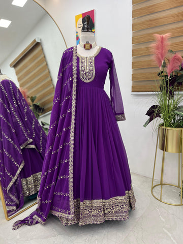 Stunning Purple Color Faux Georgette With  Embroidery Sequence Work Designer Gown