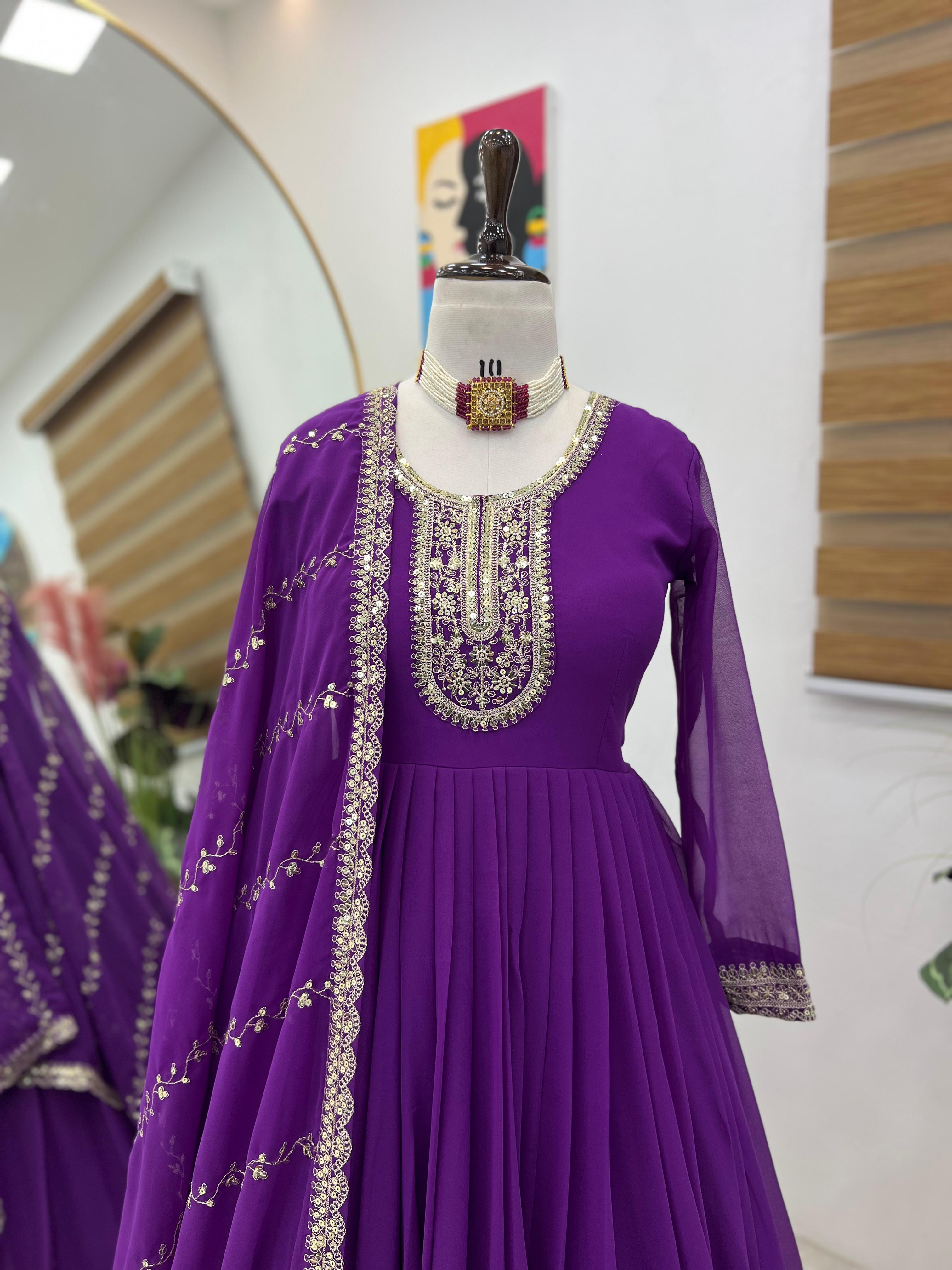 Stunning Purple Color Faux Georgette With  Embroidery Sequence Work Designer Gown