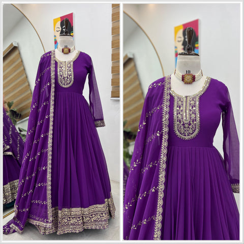 Stunning Purple Color Faux Georgette With  Embroidery Sequence Work Designer Gown