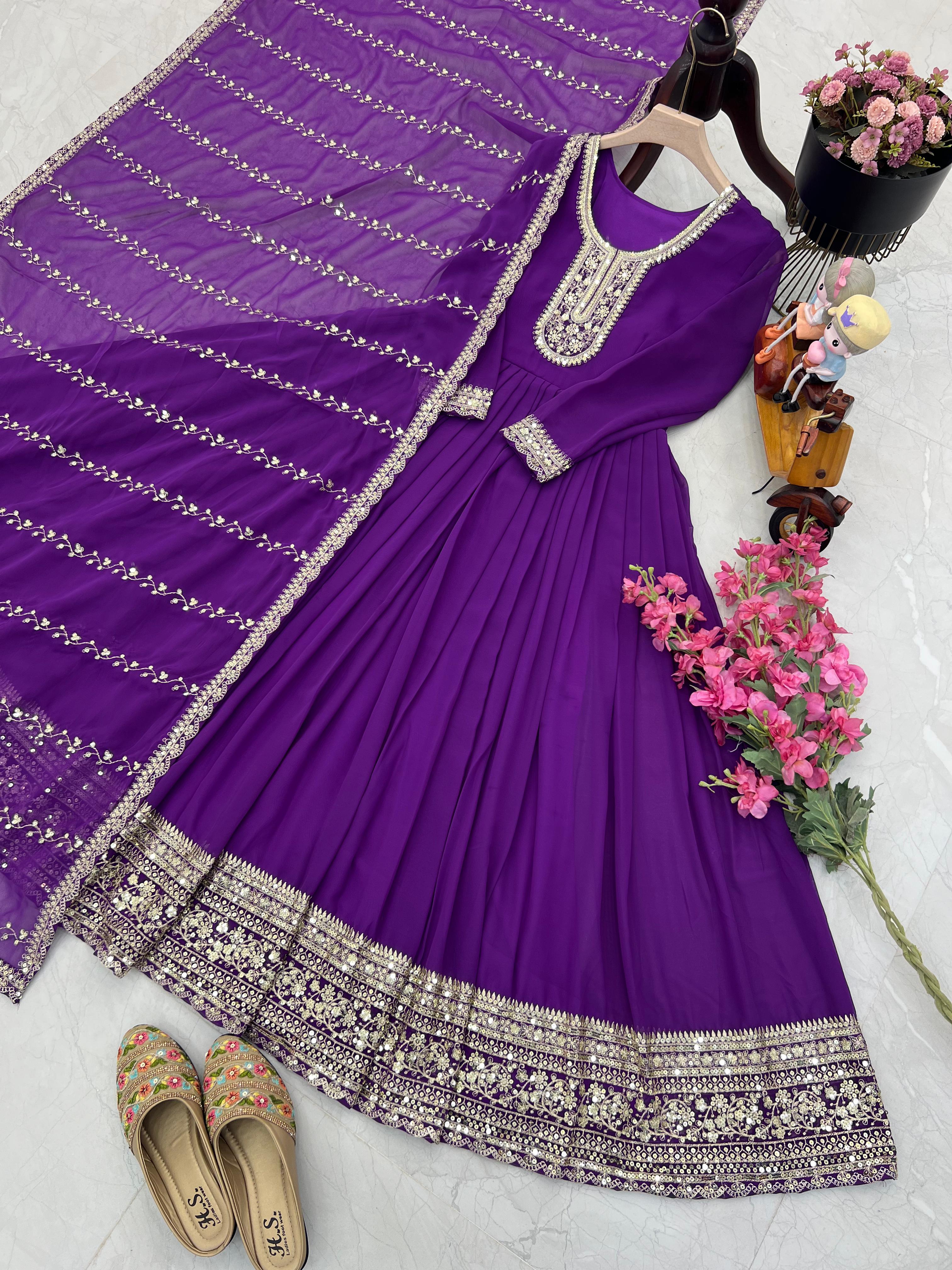 Stunning Purple Color Faux Georgette With  Embroidery Sequence Work Designer Gown