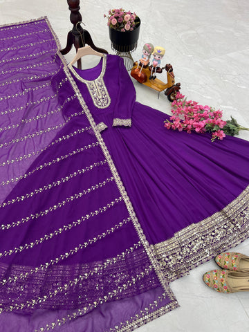 Stunning Purple Color Faux Georgette With  Embroidery Sequence Work Designer Gown