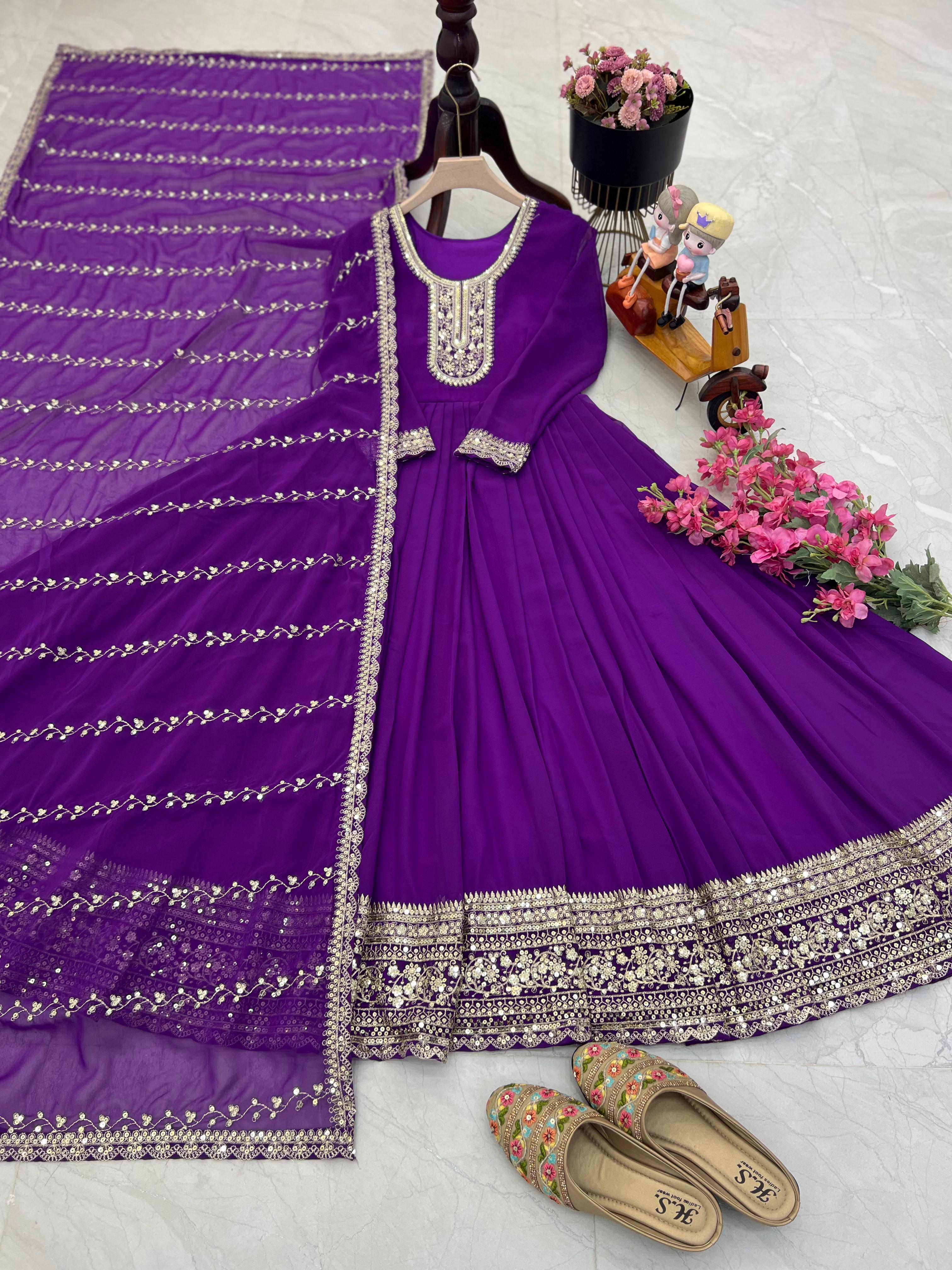 Stunning Purple Color Faux Georgette With  Embroidery Sequence Work Designer Gown