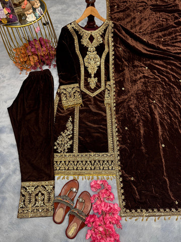 Fabulous Brown Color Heavy Pure Viscose Velvet With Embroidery 3mm Sequins And Coding Dori Work Designer Salwar Suit