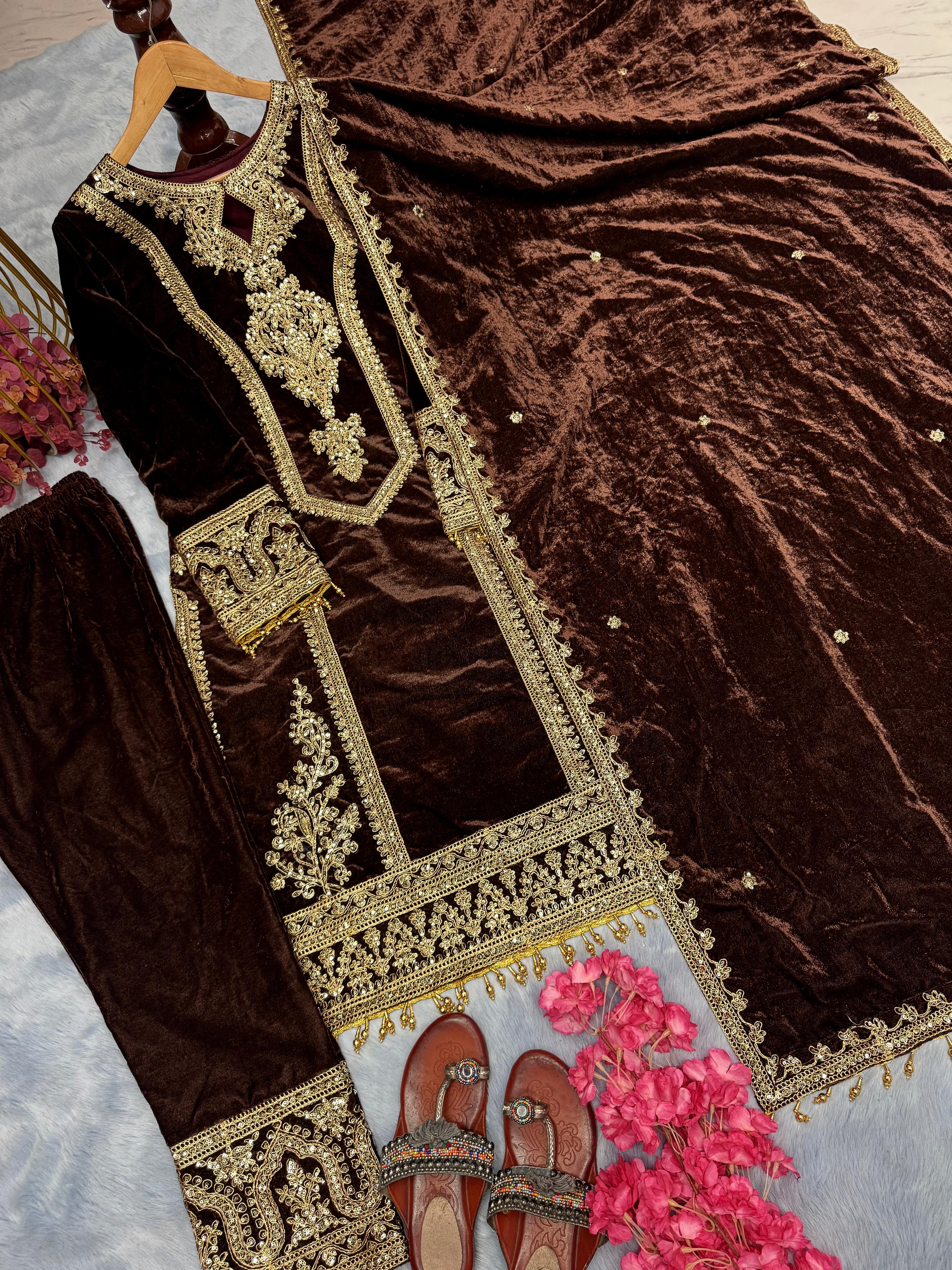 Fabulous Brown Color Heavy Pure Viscose Velvet With Embroidery 3mm Sequins And Coding Dori Work Designer Salwar Suit