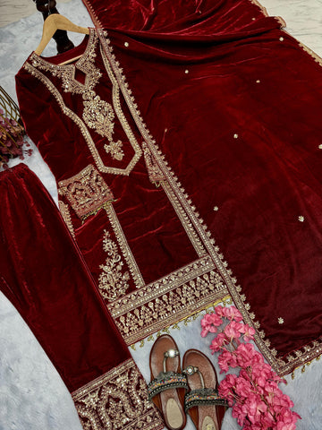 Fabulous Maroon Color Heavy Pure Viscose Velvet With Embroidery 3mm Sequins And Coding Dori Work Designer Salwar Suit