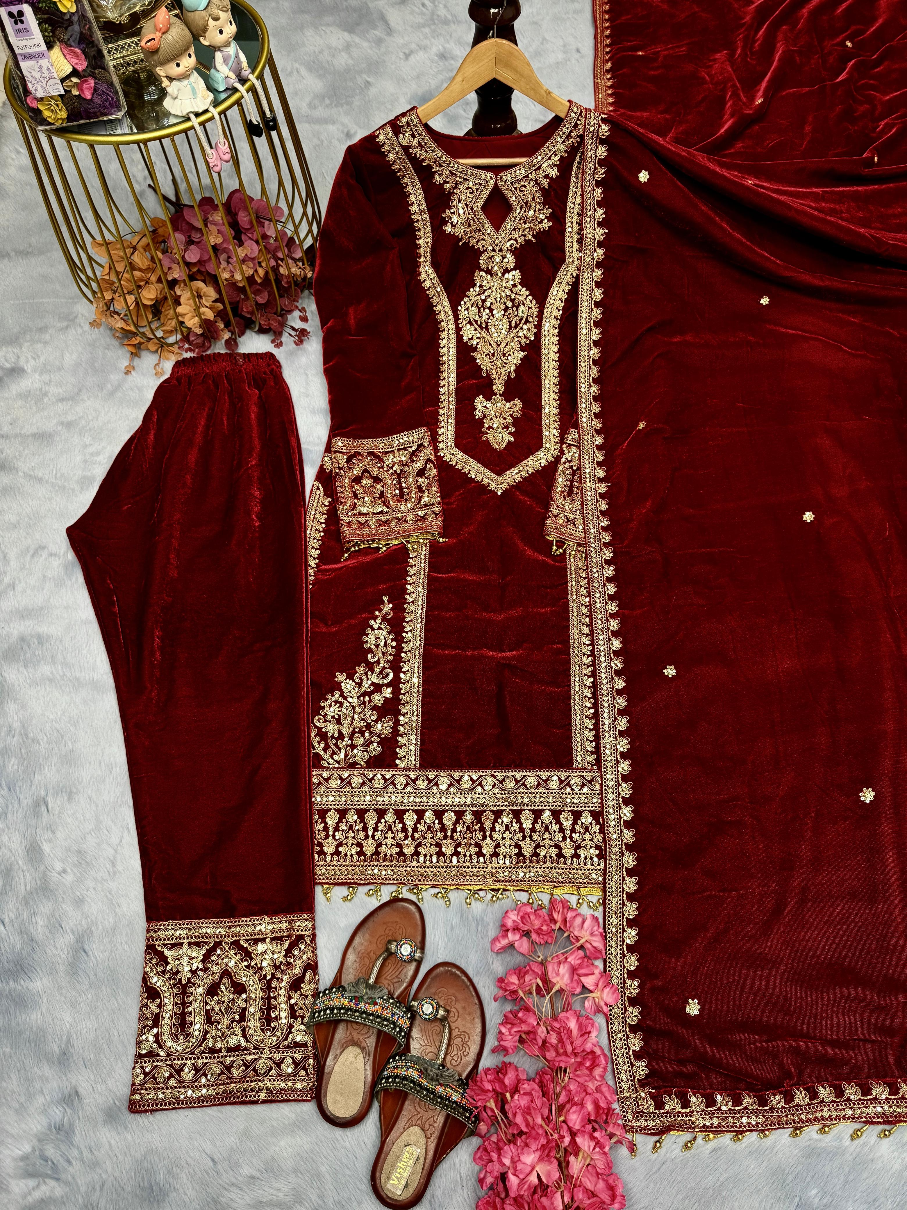 Fabulous Maroon Color Heavy Pure Viscose Velvet With Embroidery 3mm Sequins And Coding Dori Work Designer Salwar Suit