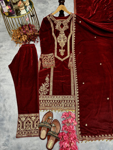 Fabulous Maroon Color Heavy Pure Viscose Velvet With Embroidery 3mm Sequins And Coding Dori Work Designer Salwar Suit