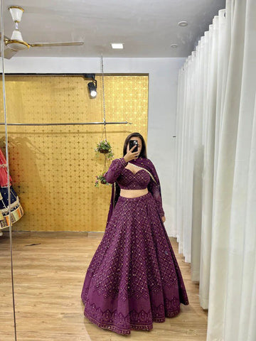 Function Wear Wine Color Faux Georgette And Thread With Sequence Work Beautiful Lehenga Choli